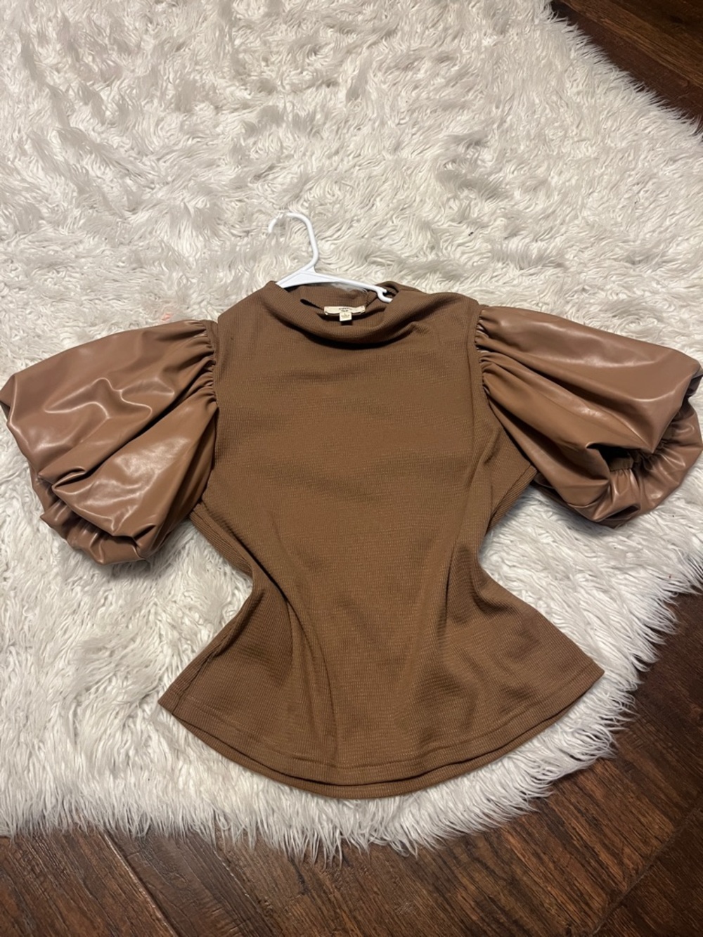 entro Brown Puff Sleeve Knit Top with Faux Leather Sleeves